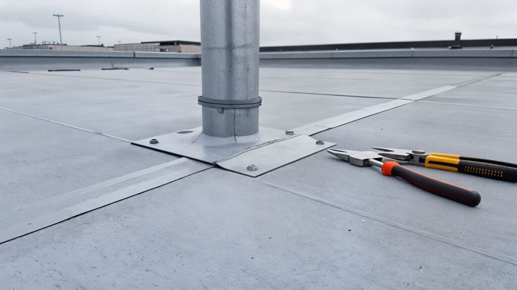 Pipe penetration flashing on a commercial single-ply roof, a common leak source
