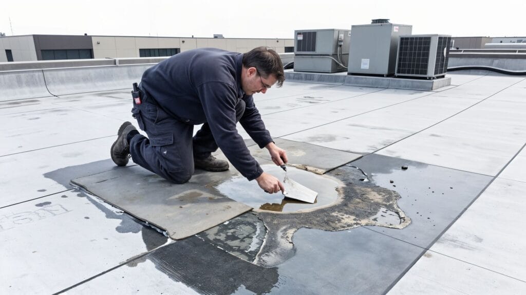 Roofing technician repairing a leak on a commercial flat roof in Jacksonville, FL