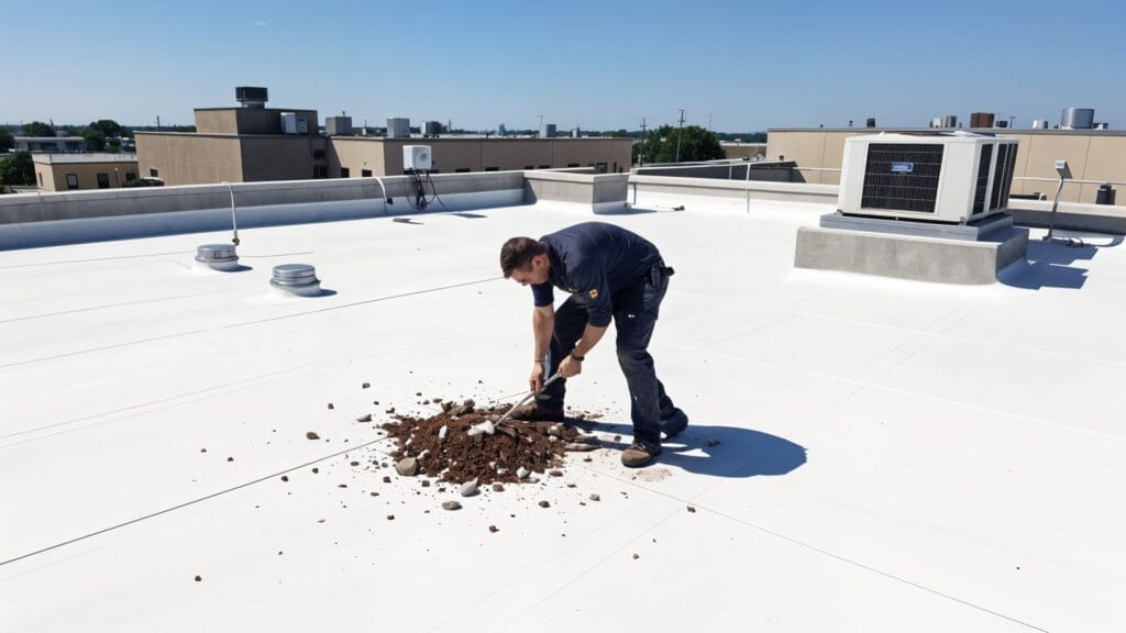 Technician clearing debris from a commercial flat roof during a maintenance visit