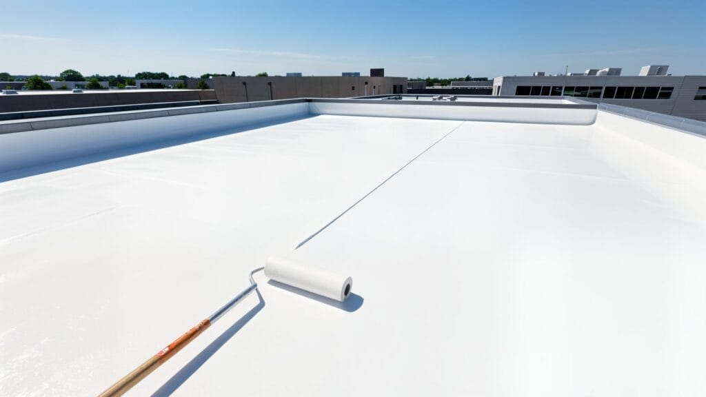Silicone roof coating being applied to a commercial flat roof in Florida