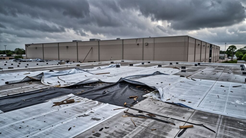 Storm-damaged commercial flat roof with torn membrane in Florida